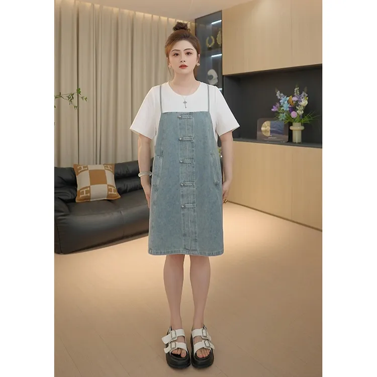 【胖佳佳】现货~半夏时光 假两件牛仔拼接连衣裙宽松百搭H625Q08576