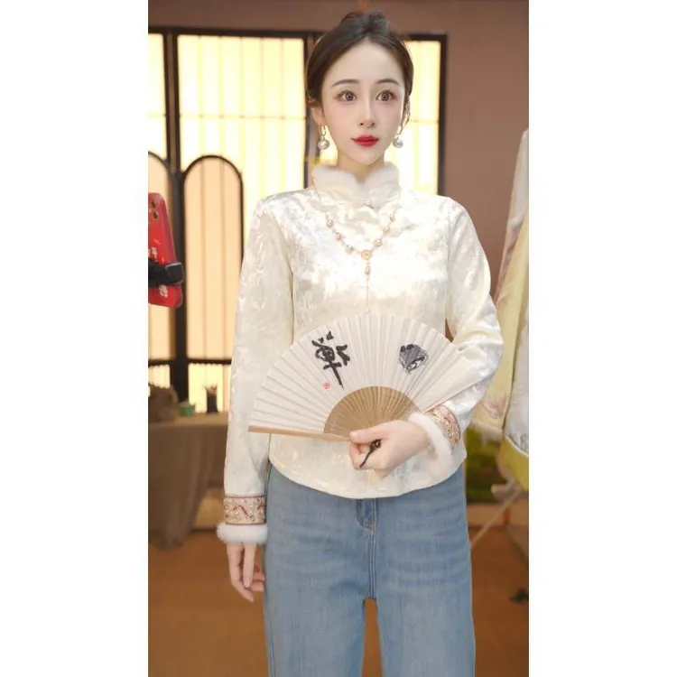 秋冬季加绒加厚中式提花百搭上衣拼接水貂毛YY25112701