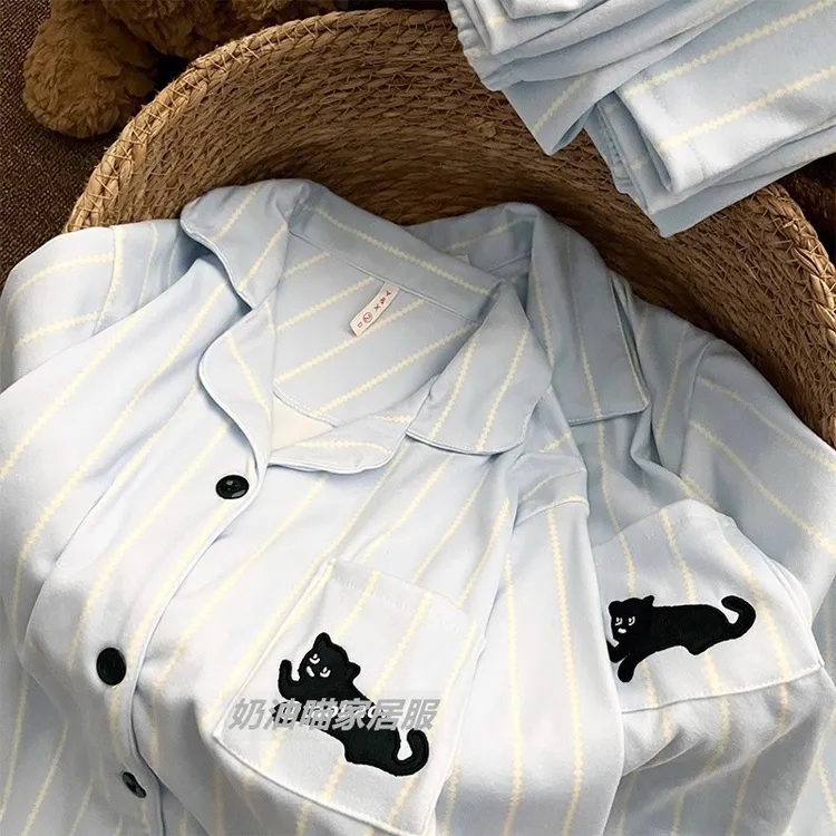 条纹小黑猫情侣睡衣秋冬季德绒加厚保暖卡通宽松薄绒男女生家居服