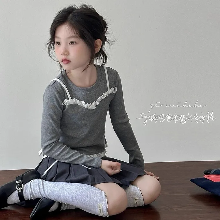 女童春秋t恤2025新款小女孩高级感长袖上衣儿童洋气假两件打底衫
