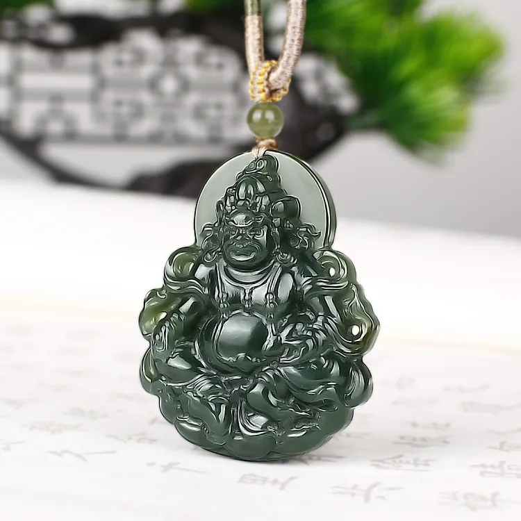 天然和田玉青黄口料雕刻黄财神款吊坠男女款玉石项链玉佩挂坠饰品