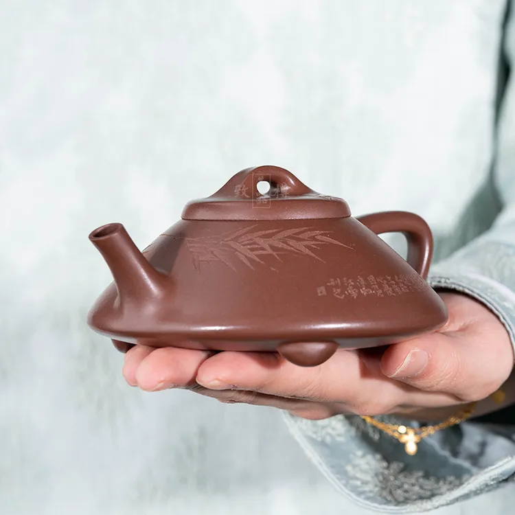 宜兴紫砂原矿家藏深井老紫泥竹刻山竹子冶石瓢手工制作礼品茶具茶