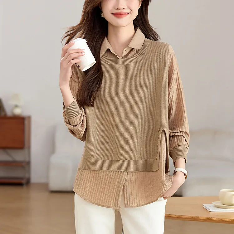 假两件上衣宽松百搭女装针织衫2025新款春秋外穿休闲毛衣时尚好看