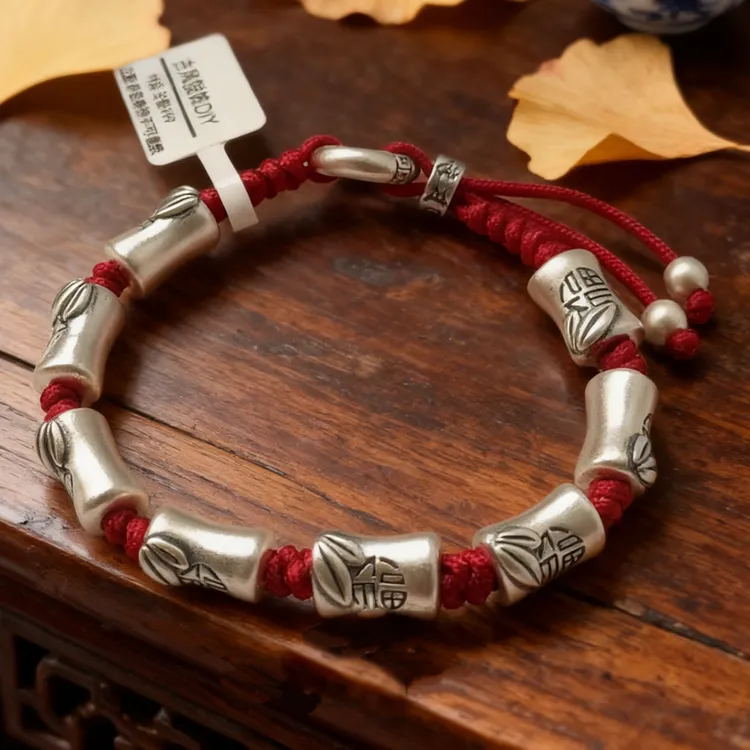 足银手链 足银999八福竹节手链手绳手工编织复古银饰原创民族风