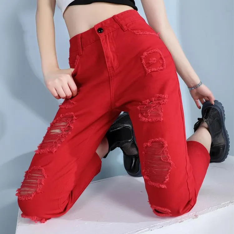 2025年夏季薄款破洞牛仔裤女潮ins乞丐直筒裤子哈伦裤九分老爹裤