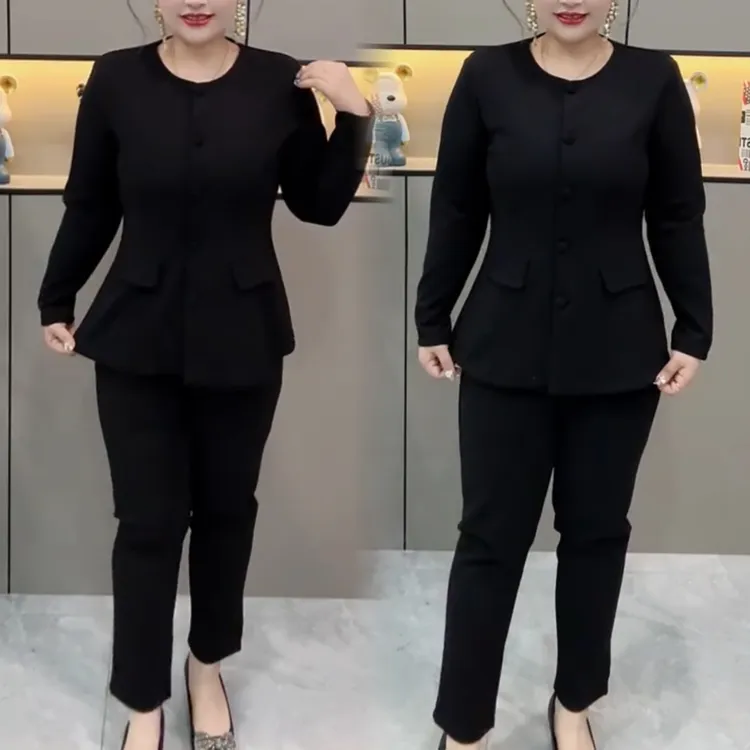 气质休闲长袖套装女2025年春季大码气质显瘦开衫上衣小脚裤两件套