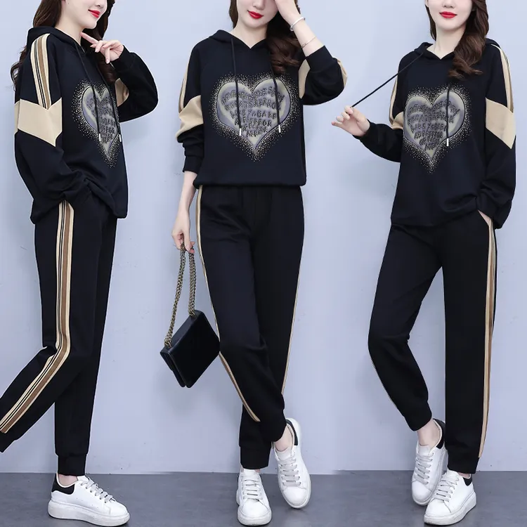 时尚连帽烫钻卫衣女2025春季宽松休闲拼接显瘦百搭减龄套装