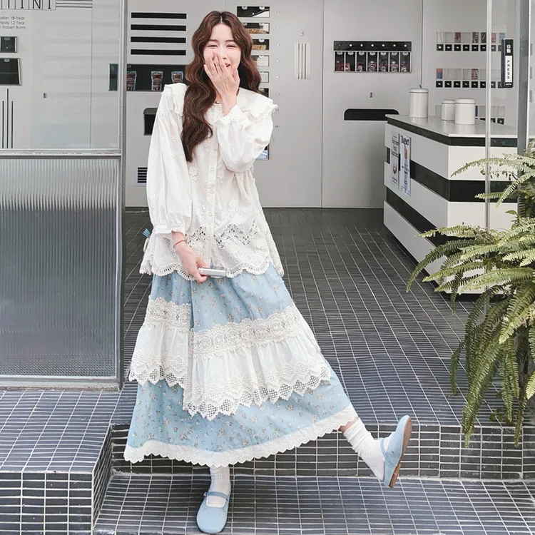 立体刺绣衬衫蕾丝拼接碎花半身裙套装女2025年早秋法式减龄两件套