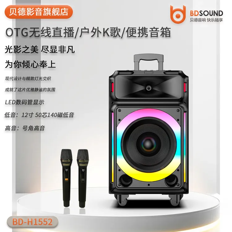 2025新款贝德H1552大功率户外跳舞演出重低音移动灯光音箱便携式