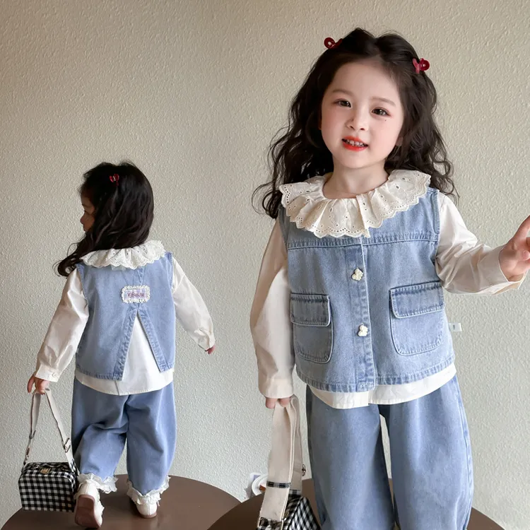 女童套装春季2025新款儿童春秋装女宝宝衬衫牛仔马甲阔腿裤三件套