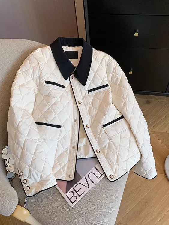 小香风轻薄撞色翻领菱格棉衣棉服2025秋冬气质高级感宽松夹棉外套