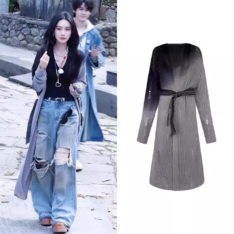 【早春系列】孟子义同款沙丘颓感渐变色设计破坏镂空长款连@7天发货