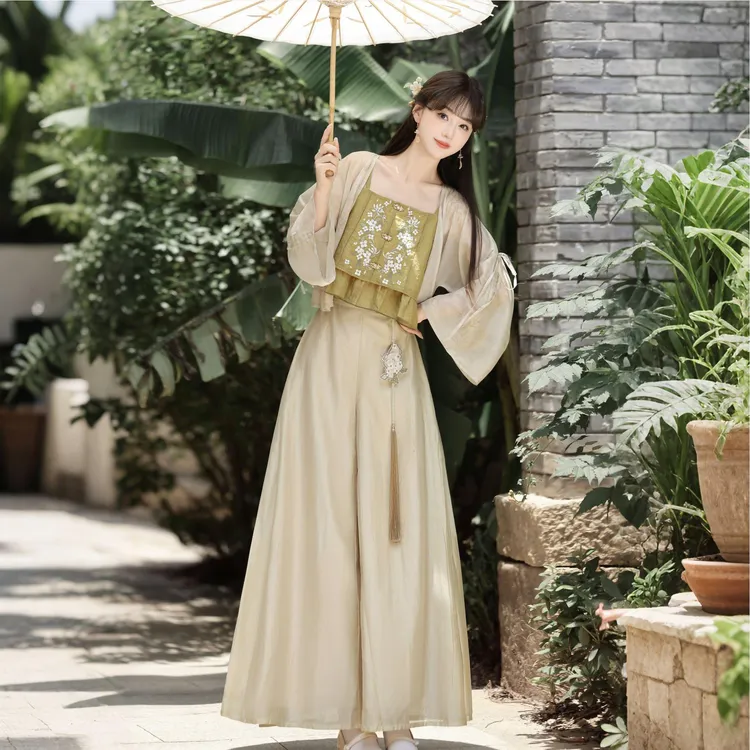 锦慕槐香忘忧新中式日常改良宋制简约温柔少女外衫吊带裤子套装夏