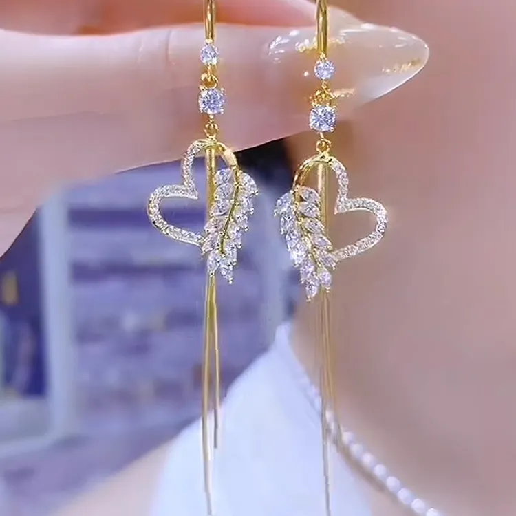轻奢高级感锆石爱心耳环百搭长款流苏耳坠网红新款精致重工耳饰潮