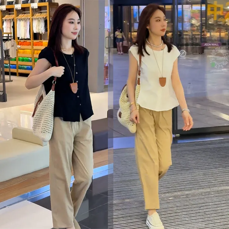 2025夏季气质小个子短袖显瘦上衣搭配休闲小众九分裤时尚两件套女