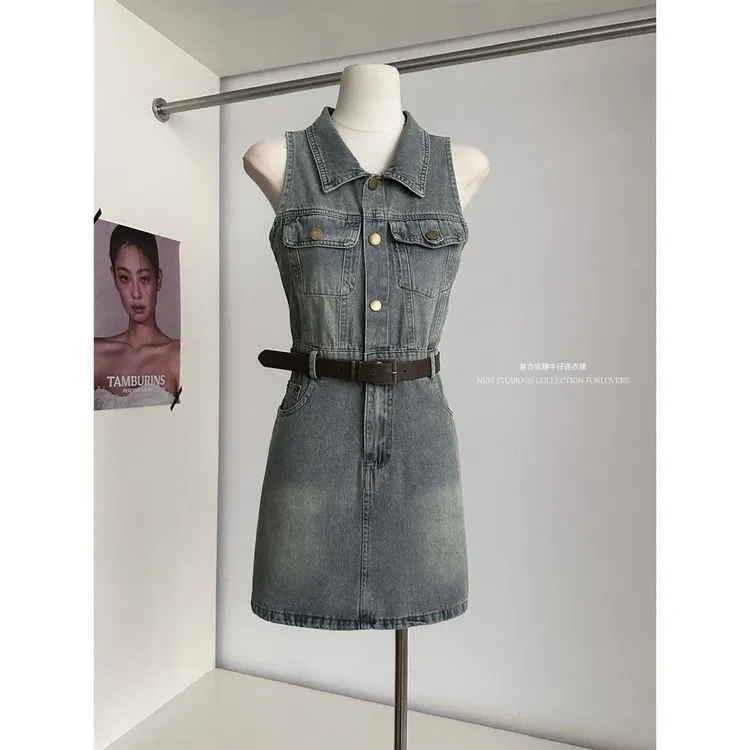 2025夏季港风气质牛仔无袖连衣裙收腰显瘦夏女做旧复古A字裙长裙
