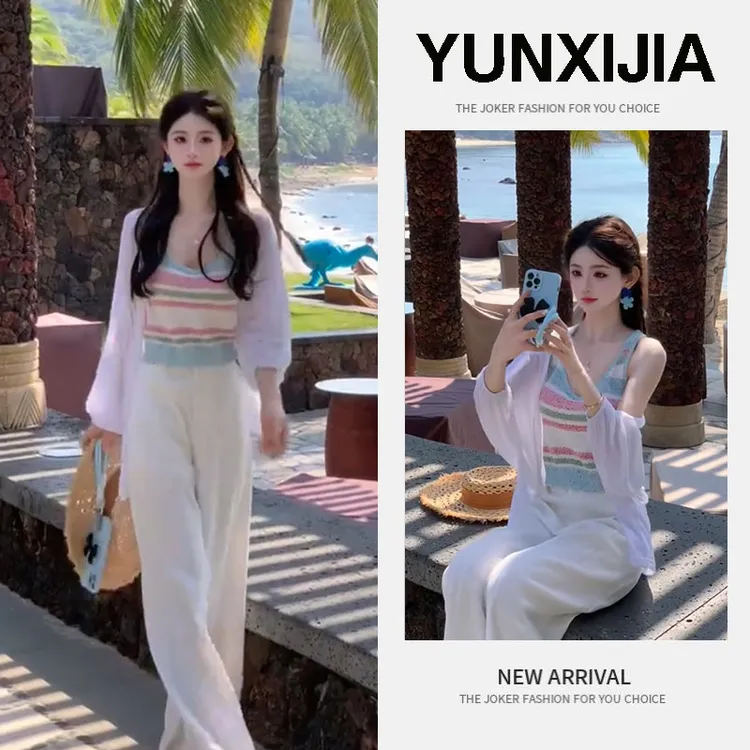 2025夏季新款撞色短款修身气质上衣无袖马甲背心开衫裤子三件套