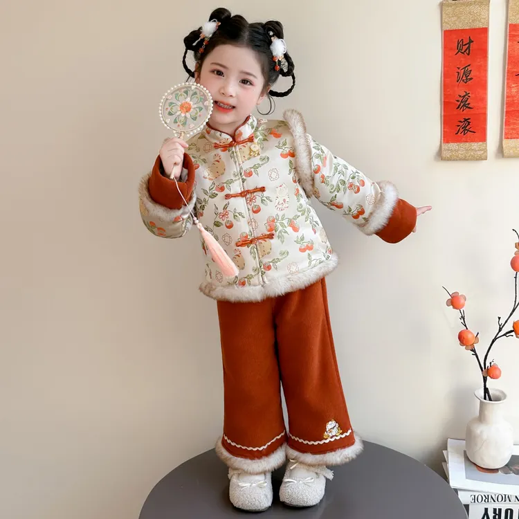 女童加绒拜年服套装冬季儿童加厚中国风唐装女宝宝新中式汉服冬装