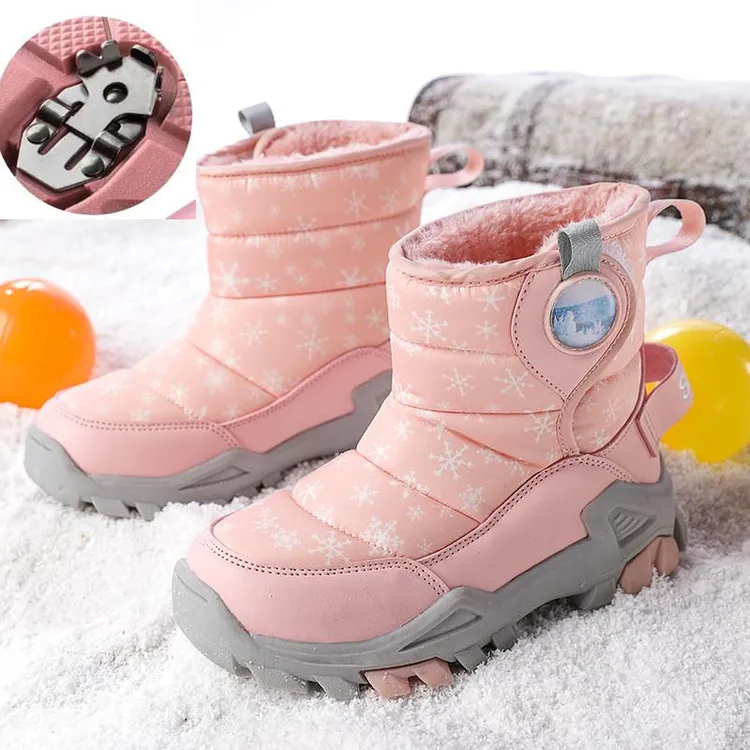 童鞋女童加厚雪地靴防滑冰爪儿童高筒棉鞋男孩中小童防水加绒短靴