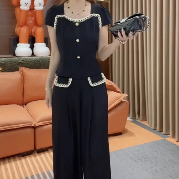 夏季新款小香风短袖上衣搭配高腰阔腿长裤套装女减龄百搭