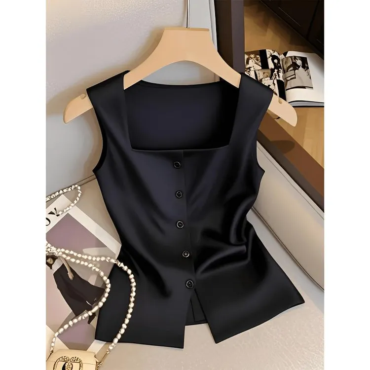 法式小香风方领纽扣缎面无袖2025夏季新款时尚洋气百搭衬衫上衣女
