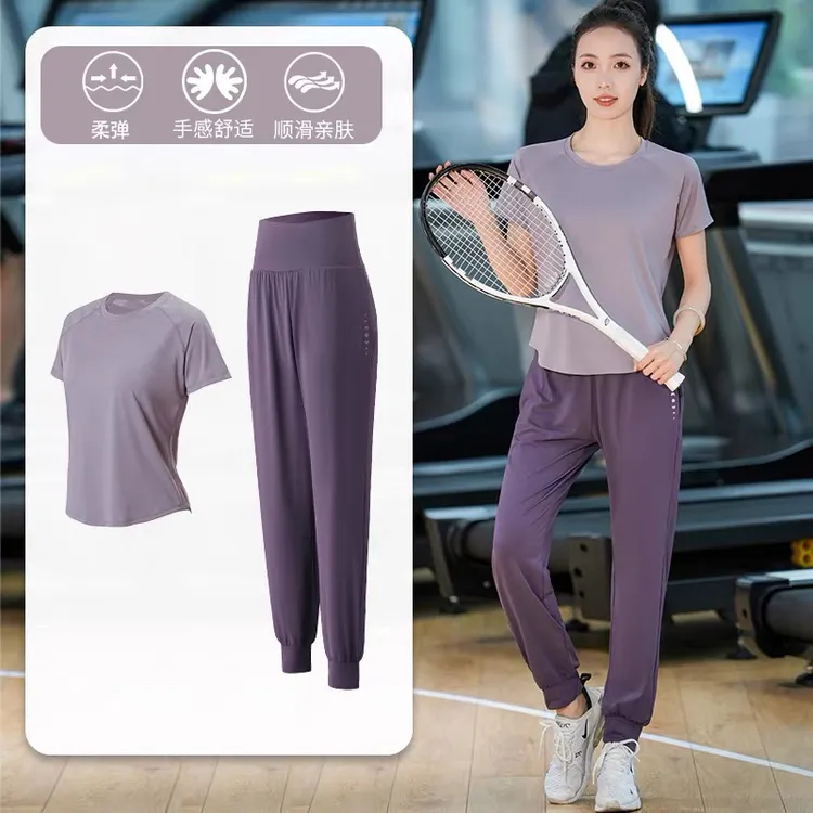 大码运动套装女夏季新款胖MM宽松速干短袖户外晨跑登山暴汗瑜伽服
