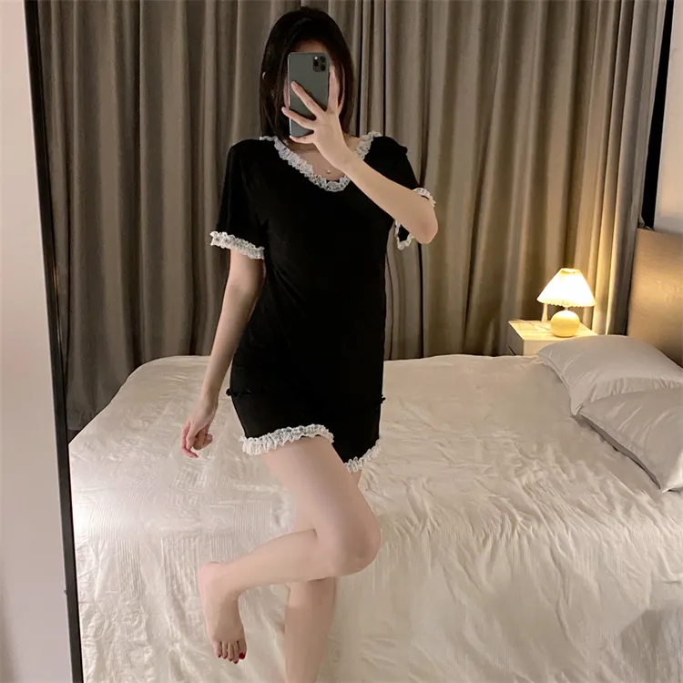 短袖短裤夏季性感可爱莫代尔棉套装女带胸垫美背小清新休闲两件套