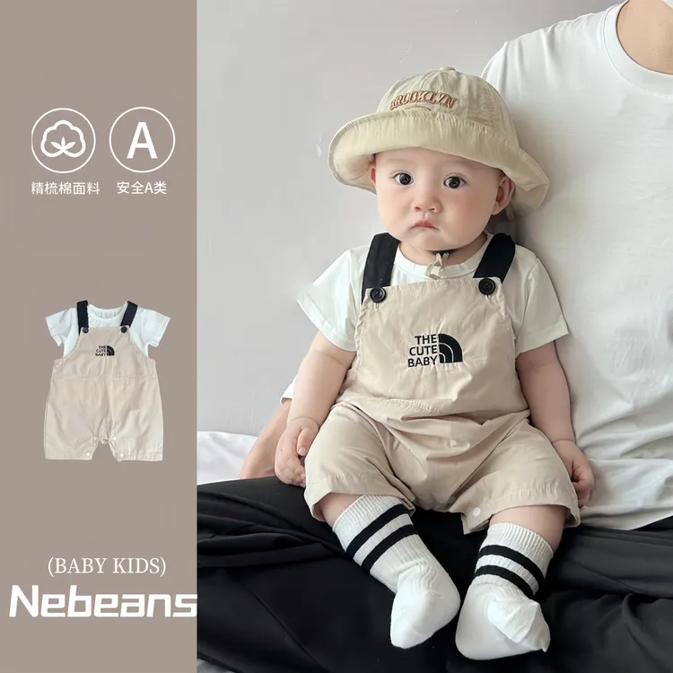 0-2岁潮牌男女宝宝夏天背带裤套装棉质柔软字母cute 