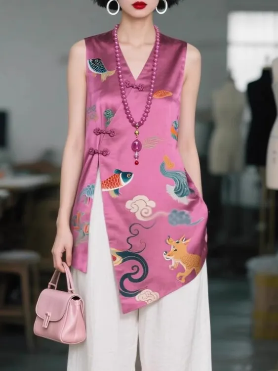 超火减龄新中式国风气质印花盘扣玫红背心上衣清冷纯欲慵懒风女装