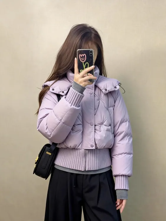 紫色针织拼接连帽棉服女气质巨好看的冬装外套韩系减龄棉袄短款