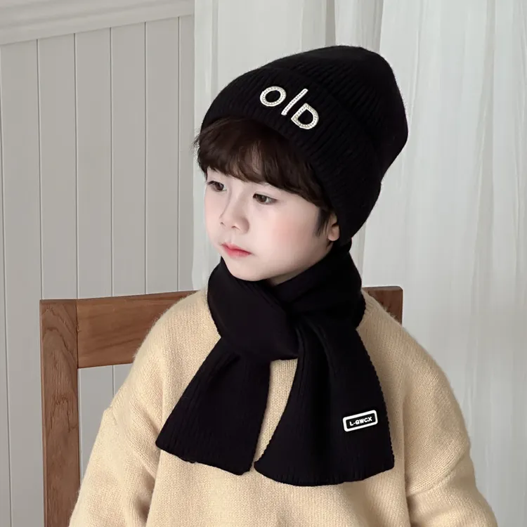 儿童帽子围巾套装秋冬季男童帅气字母百搭毛线帽女童保暖针织帽厚