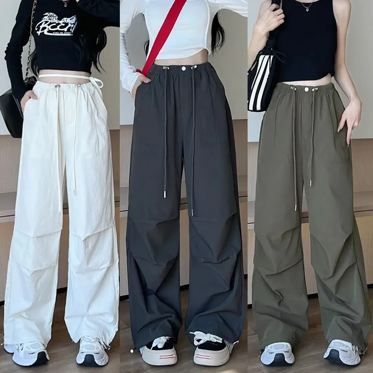 夏季新款~美式复古抽绳宽松休闲显瘦速干伞兵工装阔腿裤