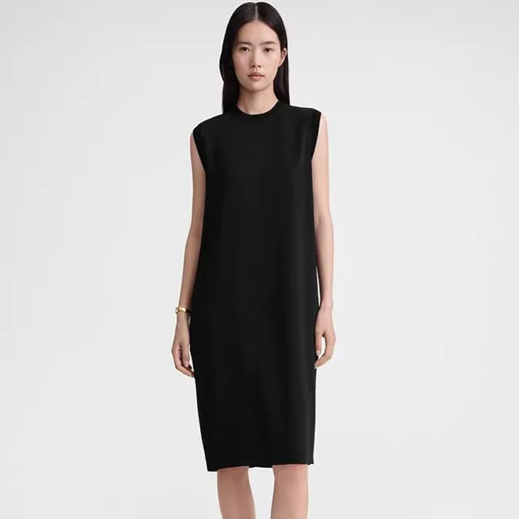 赫本风早秋新款三醋酸混纺螺纹拼接圆领无袖赫本小黑裙连衣裙裙子