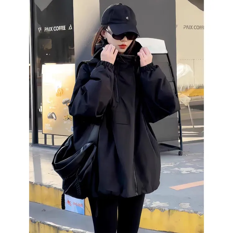 爆款连帽夹棉加厚冲锋衣外套女秋冬新款宽松休闲百搭保暖棉服上衣