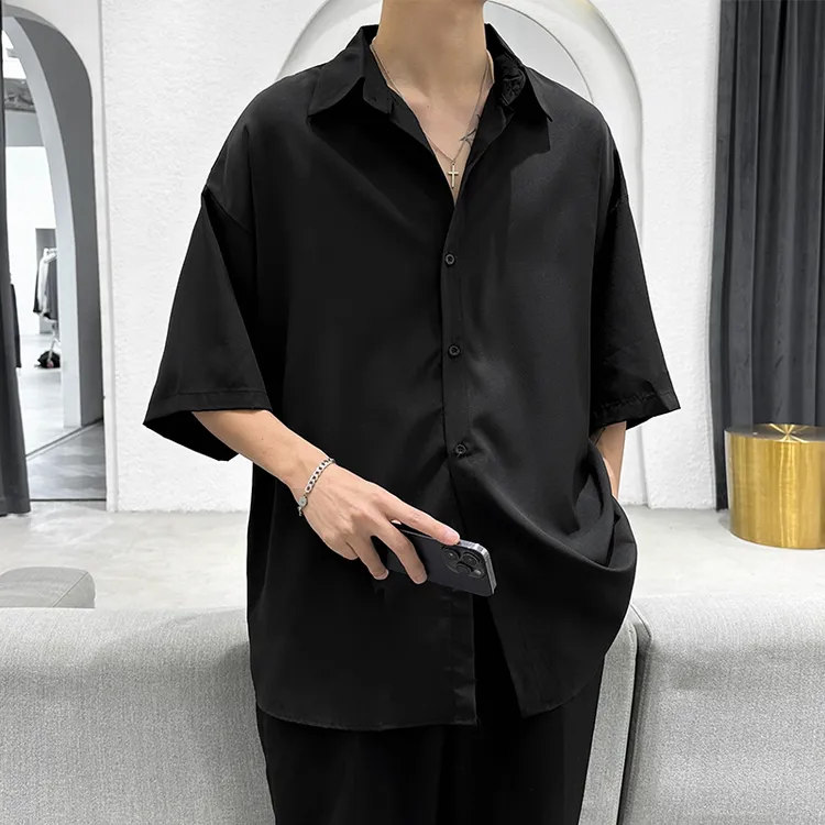 2025夏季新款冰丝垂感痞帅休闲薄款潮流五分袖韩版简约衬衫男