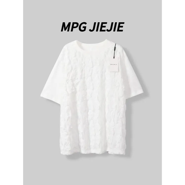 MPG JIEJIE【白皮书】大码早秋白色压褶设计感T恤