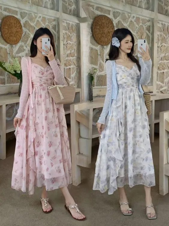 大码夏季新款法式绝美吊带连衣裙女胖MM显瘦遮肚长裙子开衫两件套