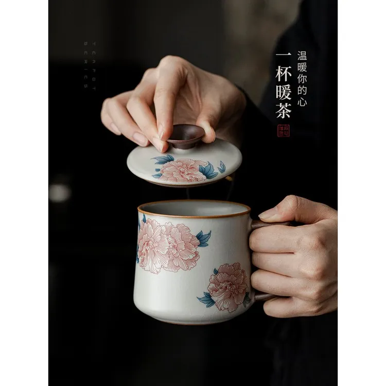 拓土汝窑芙蓉花陶瓷水杯办公杯马克杯带盖子茶杯礼盒装定制伴手礼