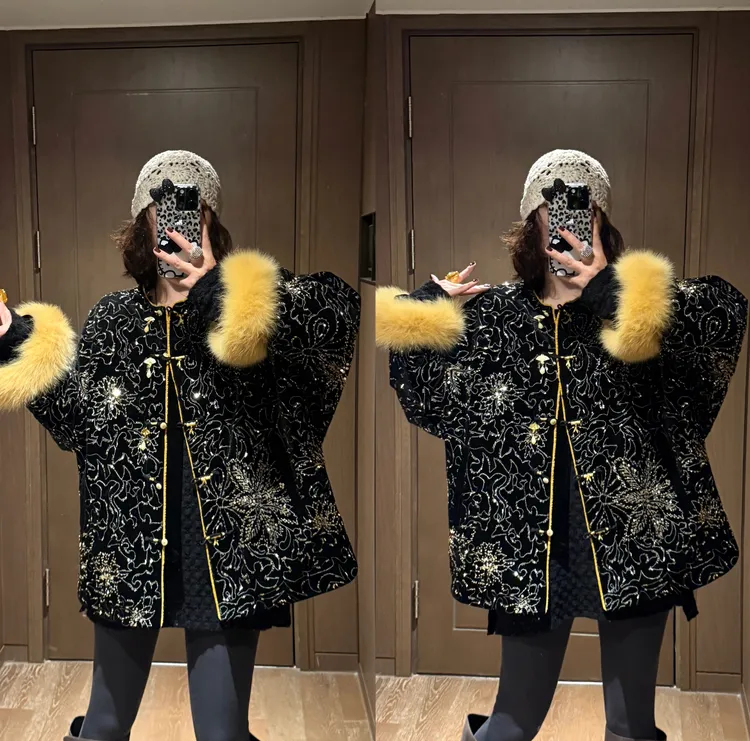 YDFSTUDIO小众【光彩无限】欧货重工刺绣钉珠设计时尚国风羽绒外套