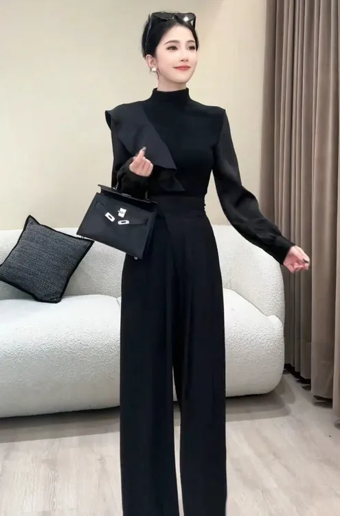   秋季新款半高领长袖T恤女时尚修身显瘦上衣+高腰西装裤拖地裤