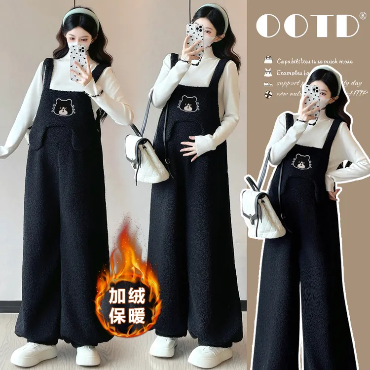 2025秋冬加绒加厚套装羊羔绒背带裤高级感孕期不显怀气质套装