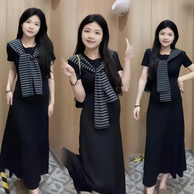 孕妇装连衣裙夏季2025新款时尚韩版洋气修身显瘦孕妇裙搭条纹披肩