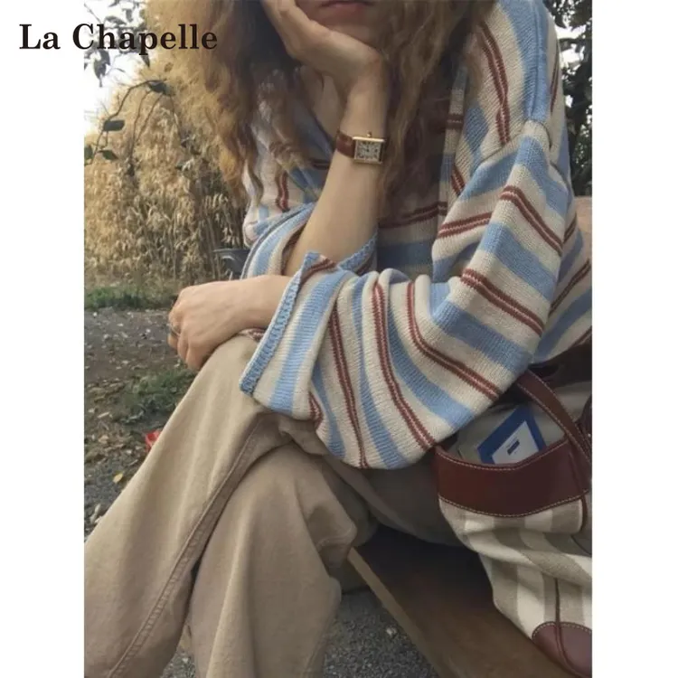 拉夏贝尔撞色美拉德条纹针织毛衣女秋宽松慵懒风v领休闲长袖上衣