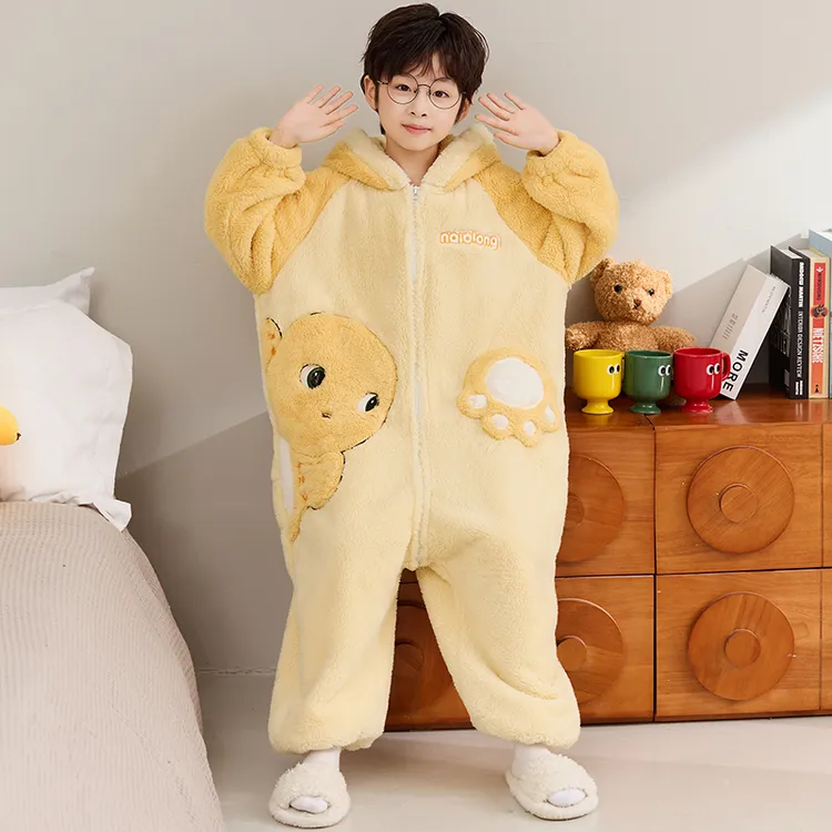 女童睡衣连体衣珊瑚绒秋冬男童女孩卡通奶龙保暖防踢被睡袋家居服