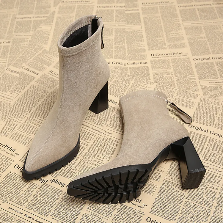 真皮高跟短靴女款秋冬绒面法式瘦瘦靴尖头防水台粗跟厚底马丁靴子