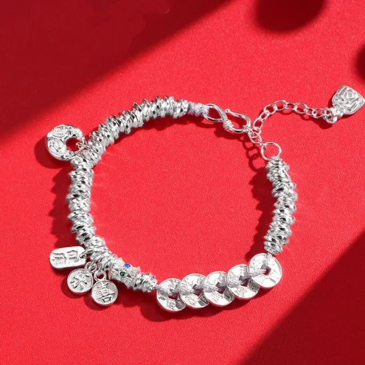 足银手链 五帝钱银手链女足银999.9平安喜乐五帝钱银手链爆款吉言