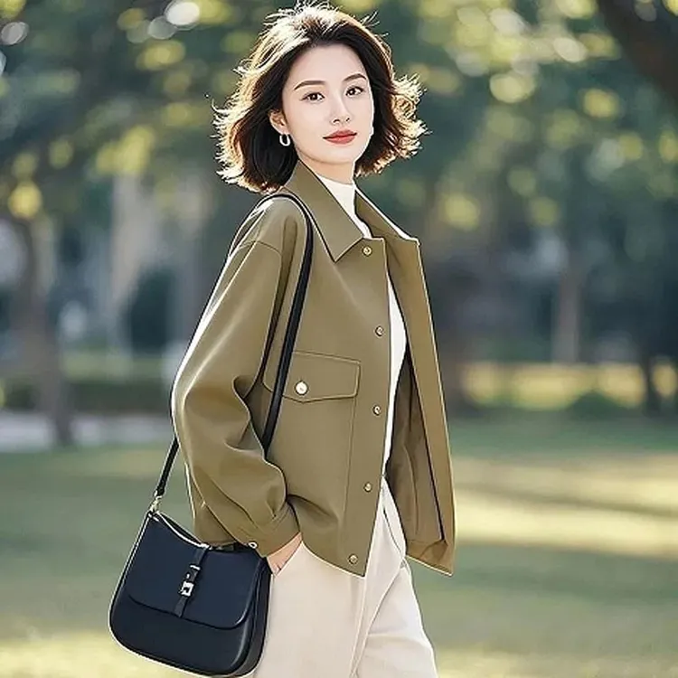 韩版独特超好看休闲百搭小个子短款绿色翻领夹克外套女装2025春装