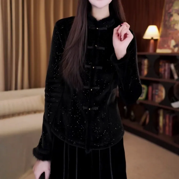 秋冬新款国风新中式盘扣上衣女中式毛领领保暖打底衫长袖T恤小衫