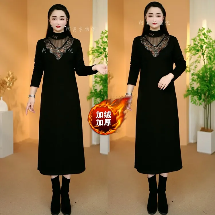 【衣雅严选】8080-2615#新款加绒加厚烫钻显瘦长袖保暖气质连衣裙