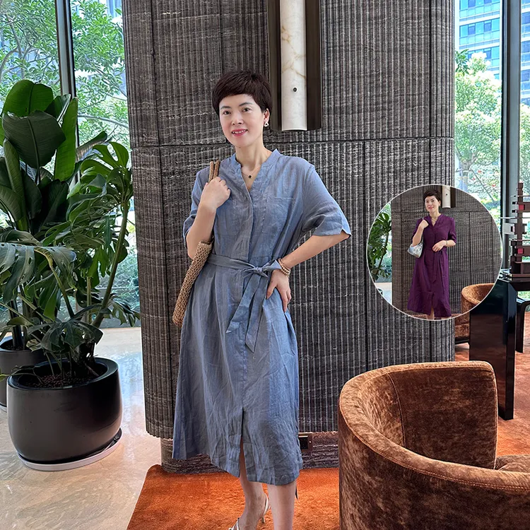 宽松收腰中长款夏季时尚休闲连衣裙气质v领系带法式长裙显瘦女装